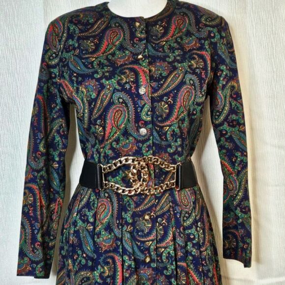 Talbots X Sara Cambell 80s Jeweltone Paisley Button Front Midi Tea Length Dress - Picture 5 of 15